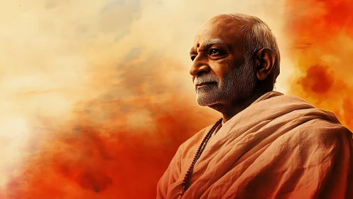 Elderly monk portrait against glowing saffron sky backdrop.