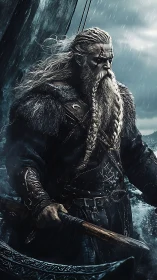 Storm-forged Viking warrior with braided beard and axe.