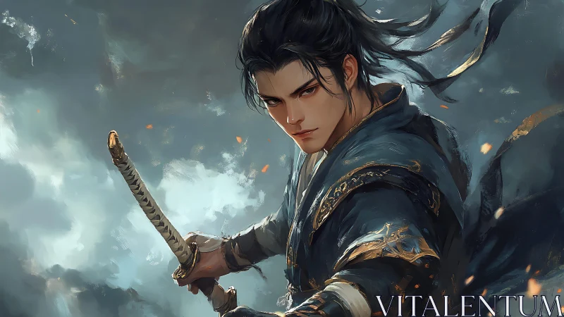 Stoic swordsman in stormlit blue armor with dynamic motion.