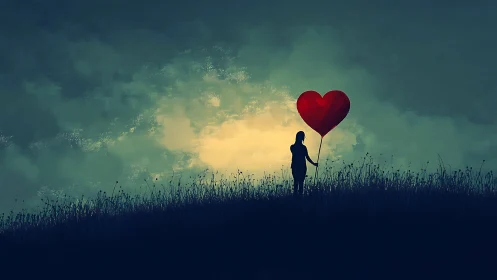 Silhouetted figure holding red heart balloon in field