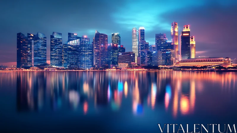 Neon-lit waterfront skyscraper skyline with mirrorlike reflections