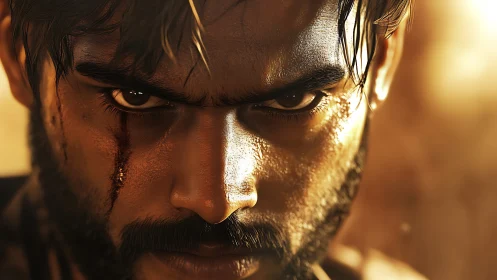 Burnished glare of a battle-scarred warrior in molten light.