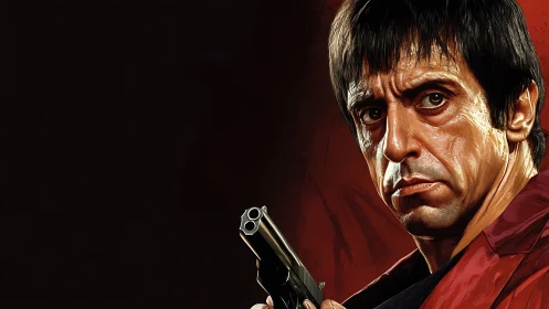 Man with handgun stares intensely against dark red background