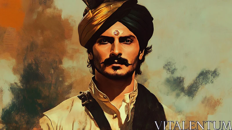 Regal portrait of turbaned man in golden painterly light.