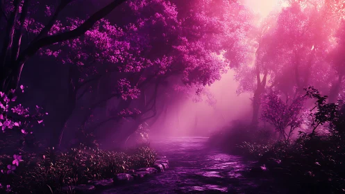 Luminescent Forest Pathway: Neon Magenta Foliage and Mystical Atmospheric Glow.