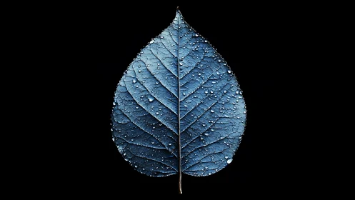 Single blue-toned leaf with water droplets is centrally isolated