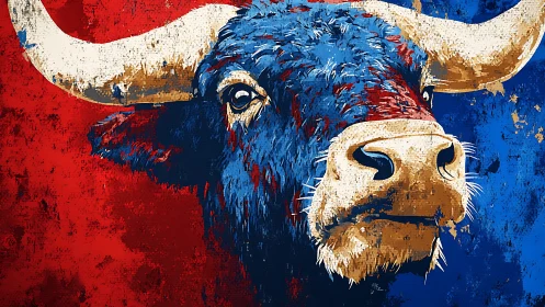 Blue bull portrait splits bold red and blue field.