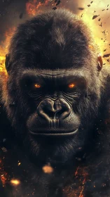 Inferno-eyed gorilla sentinel staring down a burning world.