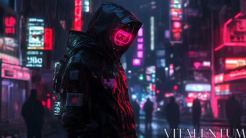Hooded cybernetic figure in neon drenched rain-soaked city