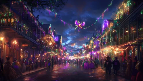 Mardi Gras masquerade parade under neon carnival lights.