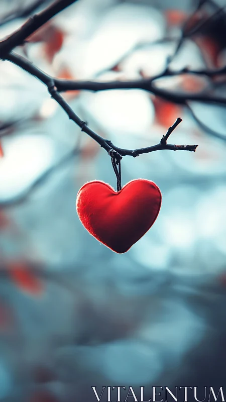 Scarlet Pulse Suspended: Love Hangs Bare on Winter Boughs.