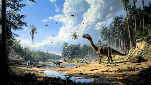 Sauropod herd crosses sunlit prehistoric river valley.