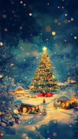 Sparkling village Christmas tree glows over snowy cottages
