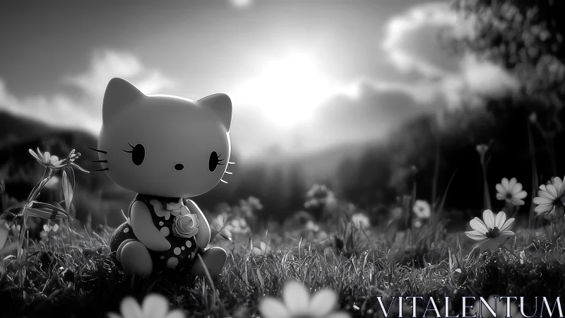 Backlit toy cat figurine rests among meadow flowers at sunset