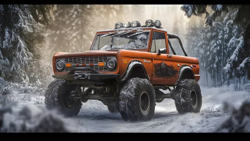 Vintage orange off-road truck powers through a snowy forest