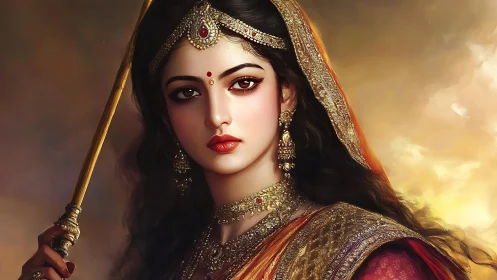 Digital portrait shows woman in ornate traditional attire
