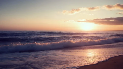 Golden sunset washes gentle waves in soft pastel light.