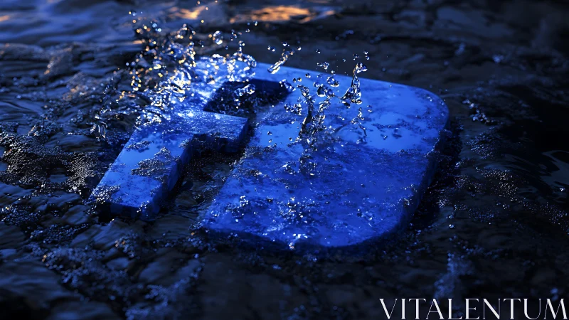 3D liquid splash over blue Facebook icon in low-key lighting.