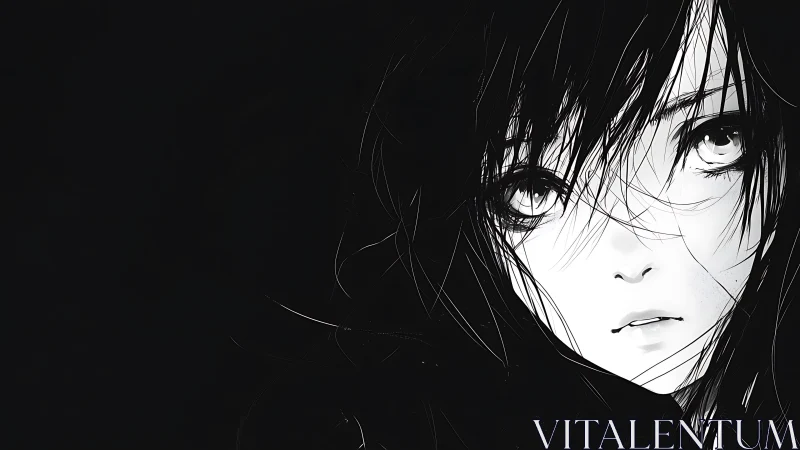 Monochrome anime portrait captures fragile silent gaze.