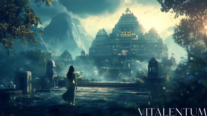 Mystic jungle temple vista with lone robed wanderer.