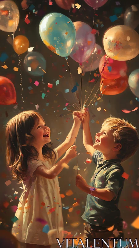 Children Celebrating with Luminous Balloons and Confetti.