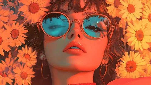 Woman in tinted sunglasses surrounded by yellow daisies.