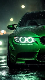 Green sports coupe is parked in evening rain on wet roadway