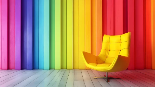 Yellow lounge chair stands before vertical rainbow wall