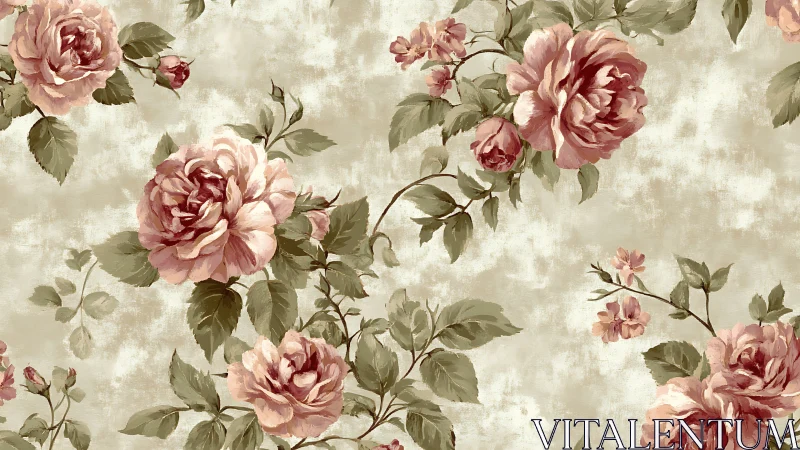 Vintage rose floral pattern on muted beige background.