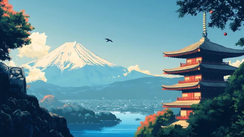 Mount Fuji skyline with pagoda and distant lakeside city.