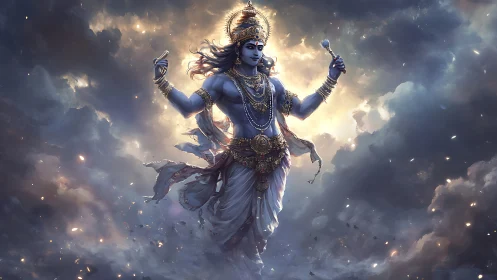 Mythological blue-skinned deity figure in luminous clouds.
