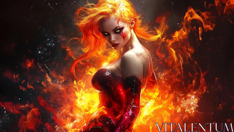Fire-wreathed sorceress in molten red corset, blazing gaze.