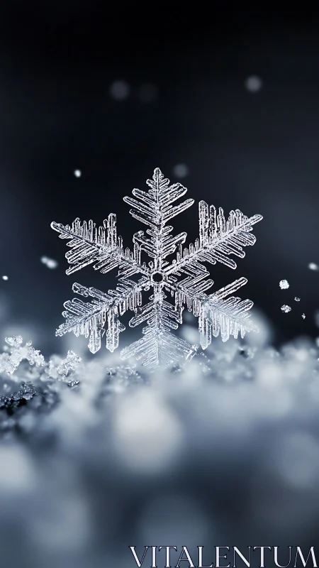 Macro view of isolated hexagonal snowflake in soft focus.