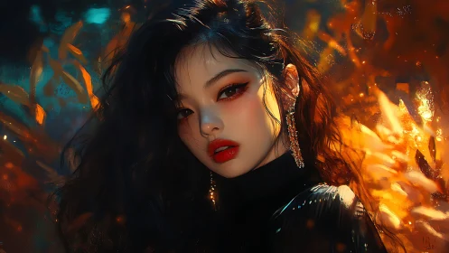 Ember-lit beauty framed by molten leaves and midnight shadow.