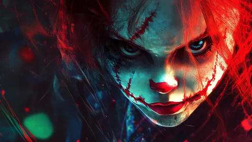 Clown-faced figure stares forward with harsh red lighting