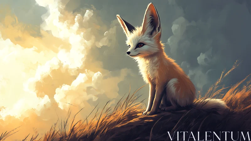 Small fox on grassy ridge under dense illuminated clouds.