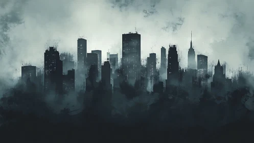 Monochrome digital skyline in atmospheric silhouette profile.