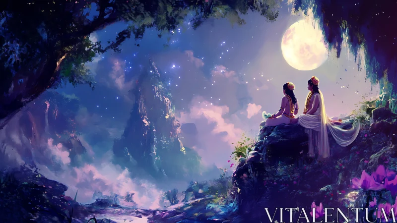 Moonlit deities overlook ethereal valley under starlit sky.