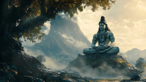 Mountain deity statue in misty forest valley at sunrise.