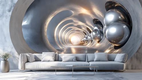 Futuristic silver tunnel mural behind minimalist white sofa.
