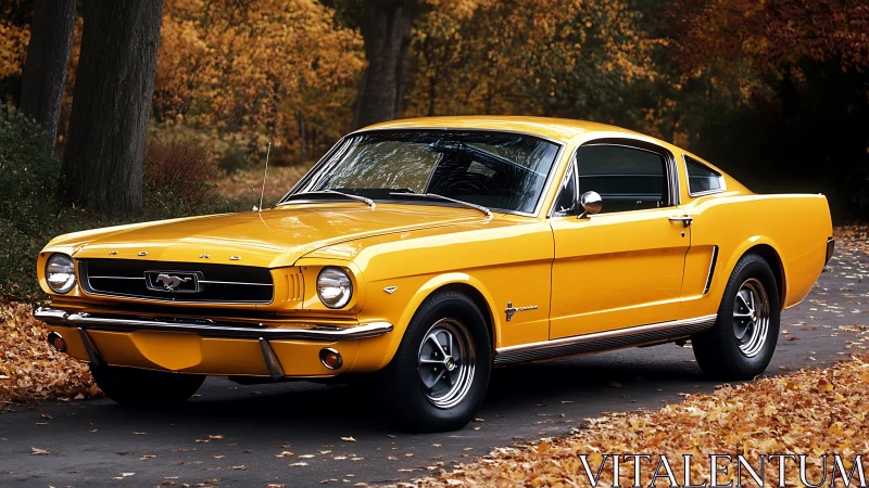 Golden classic fastback muscle car in autumn foliage.