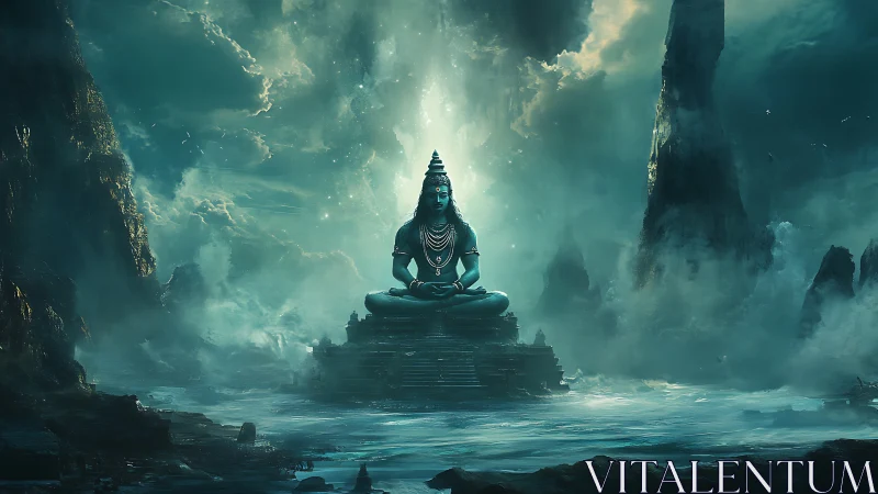 Serene blue figure meditating on stone platform in mist.