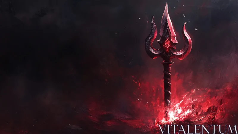 Dark red trident rising from burning crimson energy.