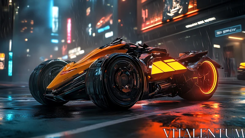 Futuristic three-wheeled vehicle is parked on wet city street