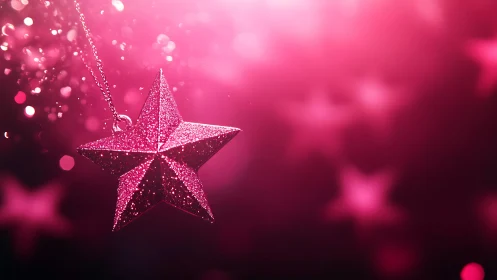Macro closeup of glittery pink star ornament with bokeh field