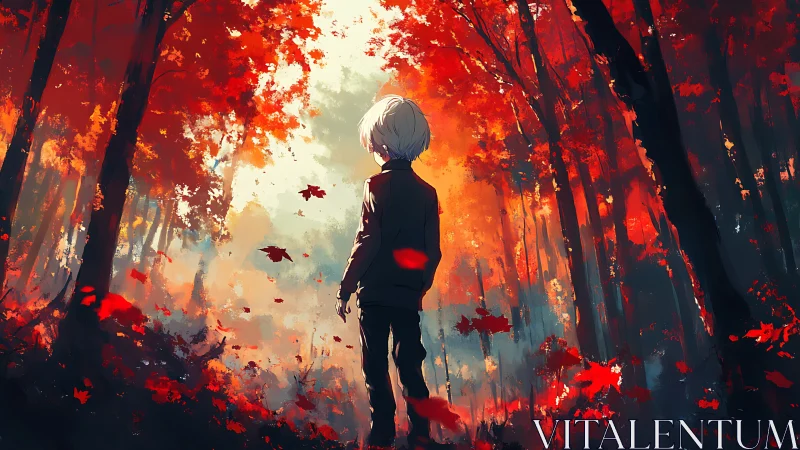 Solitary figure in vivid red autumn forest clearing.