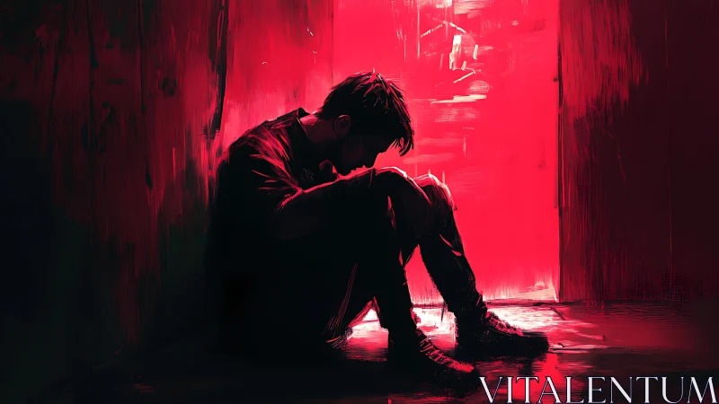 Silhouetted man sits against red lit wall in isolation