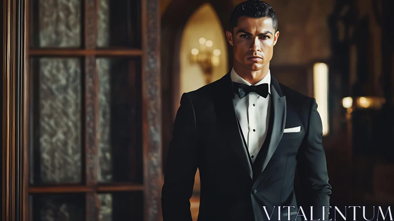 Elegant man in tuxedo standing in softly lit hallway.