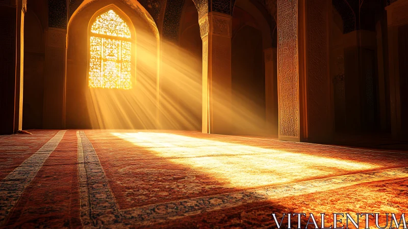 Sunbeams choreograph quiet prayer across a crimson hall