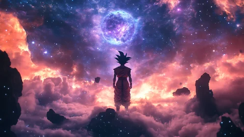 Stargazer warrior standing alone in glowing cosmic clouds.